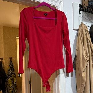Express Red Long-Sleeve Square Neck Bodysuit